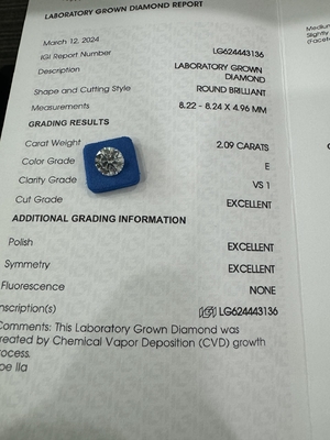 खरीदें 2.09CT E VS1 3EX Round Cut CVD Grown Diamond IGI प्रमाण पत्र LG624443136 online manufacture