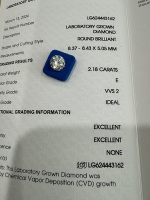 खरीदें 2.18CT E VVS1 आईडी EX सीवीडी सिंथेटिक डायमंड राउंड ब्रिलियंट कट online manufacture