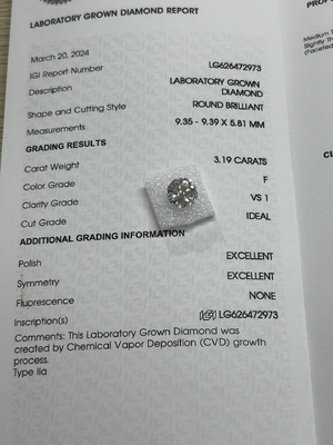 खरीदें 3.19CT F VS1 3EX प्रयोगशाला में उगाया गया सीवीडी हीरा गोल कट आईजीआई प्रमाण पत्र LG626472973 online manufacture
