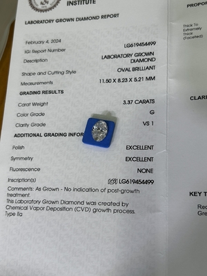 खरीदें 3.37ct मानव निर्मित हीरा अंडाकार चमकदार कट CVD G VS1 2EX N IGI LG6169427133 online manufacture