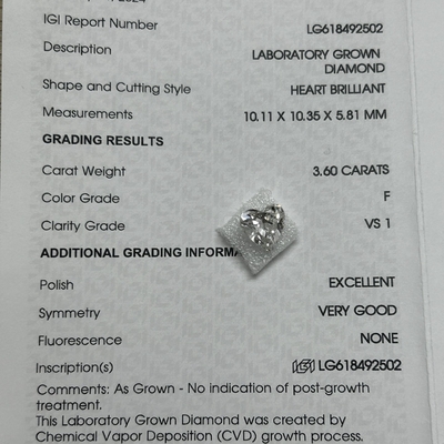 खरीदें 3.6ct लैब मेड डायमंड्स हार्ट ब्रिलेंट कट सीवीडी एफ वीएस1 2एक्स एन आईजीआई एलजी 618492502 online manufacture