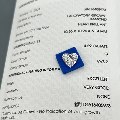 खरीदें 4.29ct प्रयोगशाला में उगाए गए हीरे हृदय कटौती सीवीडी जी रंग VVS2 2EX N IGI online manufacture