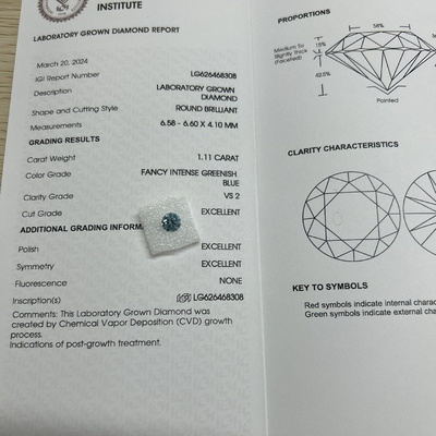 खरीदें कैरेट 1.11ct स्पष्टता VS2 प्रयोगशाला निर्मित नीली हीरा गोल आकार online manufacture