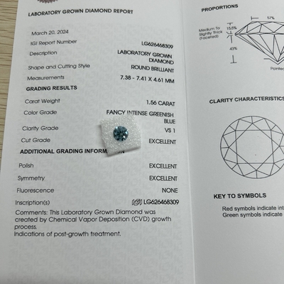 खरीदें 1.56ct फैंसी गहन हरे नीले लैब बड़े हीरे गोल कट सीवीडी FVS1 3EX N IGI online manufacture