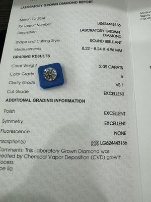 2.09CT E VS1 3EX Round Cut CVD Grown Diamond IGI प्रमाण पत्र LG624443136