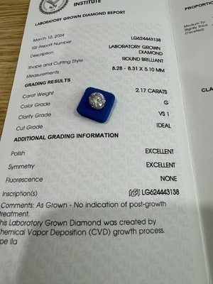 2.17CT G VS1 3EX सीवीडी लैब निर्मित हीरा गोल कट आईजीआई प्रमाण पत्र LG624443138