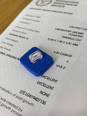 सिंथेटिक 5.09CT F VVS2 2EX सीवीडी लैब निर्मित हीरा पन्ना कट