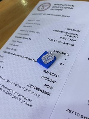 5.3ct लैब डायमंड मैन मेड इमराल्ड कट डायमंड VS1 स्पष्टता एफ रंग