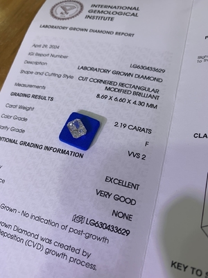 2.19ct लैब डायमंड रेडिएंट कट CVD F VVS2 EX VG N IGI LG630433629
