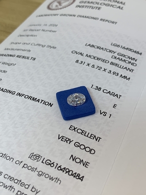 1.38ct ओवल कट लैब उगाया हीरा CVD E VS1 EX VG N IGI प्रमाणित