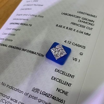 4.12CT G VS1 2EX सीवीडी लैब ने आभूषण बनाने के लिए राजकुमारी कट हीरा बनाया