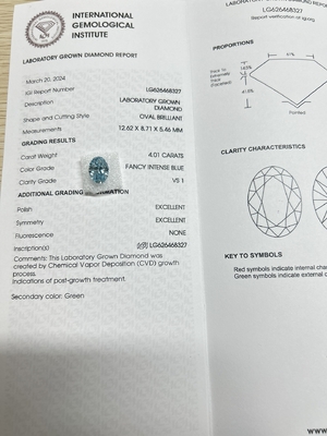 नीला 4.01ct VS1 सीवीडी प्रयोगशाला निर्मित हीरे आभूषण बनाने के लिए कृत्रिम हीरे