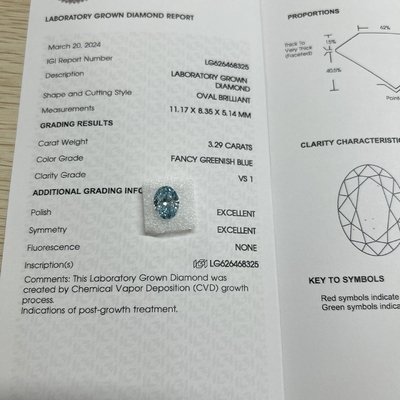 3.29ct लैब उगाया हीरा अंडाकार कट सीवीडी फैंसी हरा नीला VS1 2EX N